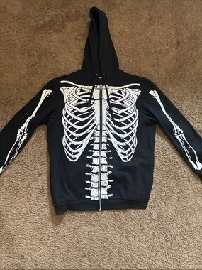 Spencer's Black Zip-Up Hoodie with White Skeleton Print